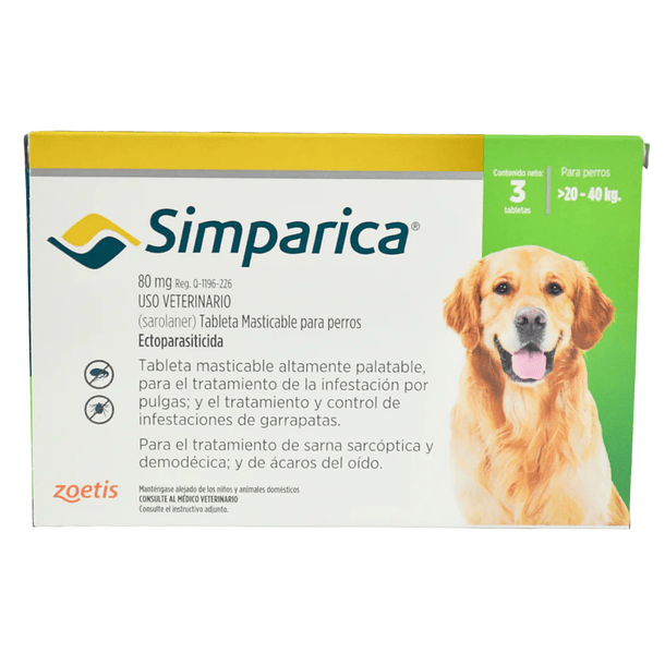 Simparica 80mg para perro de 20-40kg con 3 tabletas