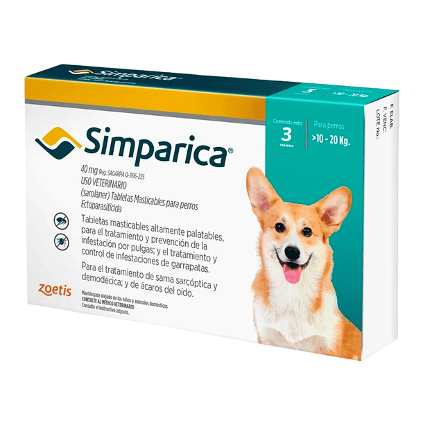 Simparica 40mg para perros de 10-20kg Caja con 3 tabletas
