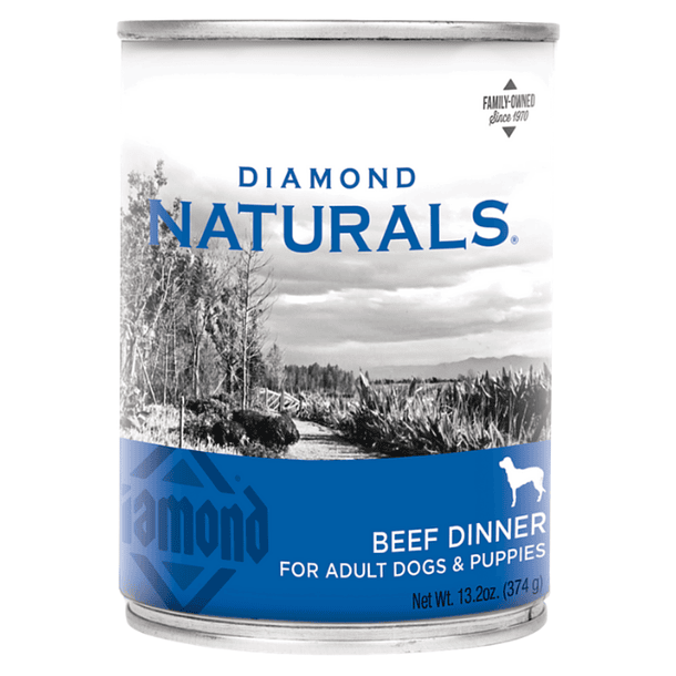 Lata Diamond Naturals Beef Dinner para perros adultos y cachorros 374g