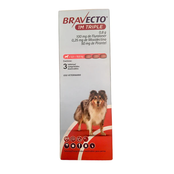 Bravecto 1 M Triple 5 A 10 kg para Perro ( 3 Tabs Masticables)