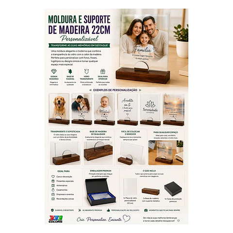 Placa de vidro personalizável, acompanhada por base de madeira e suporte metálico 22 cm