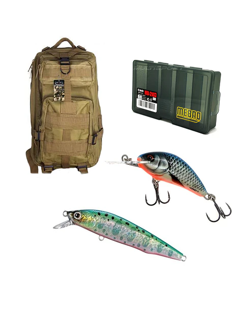 KIT DE PESCA MOCHILA BARBARIC COYOTE CAJA MEBAO SALMO HORNET SHIMANO FLUGET