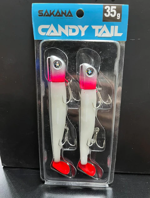 Señuelo de Silicona Sakana Candy Tail (35 gramos — 2 Unidades) — Glow Pearl / Pink Head