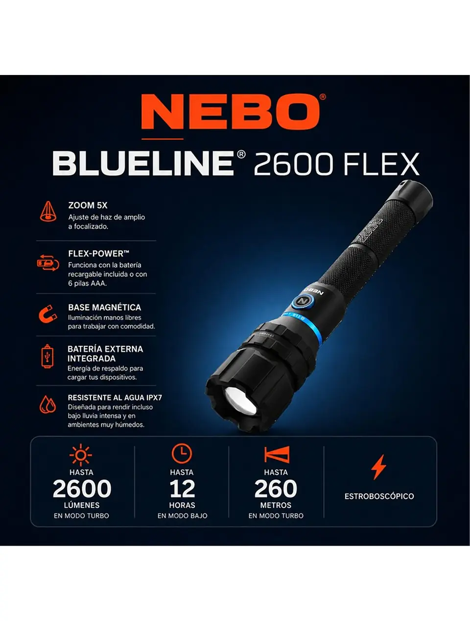 Linterna NEBO BLUELINE 2600 – Flex Power + Power Bank 2