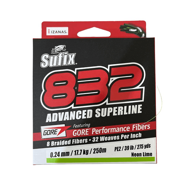 Sufix 832 0.24mm/ 17.7kg/  250 metros Color Verde Fluor
