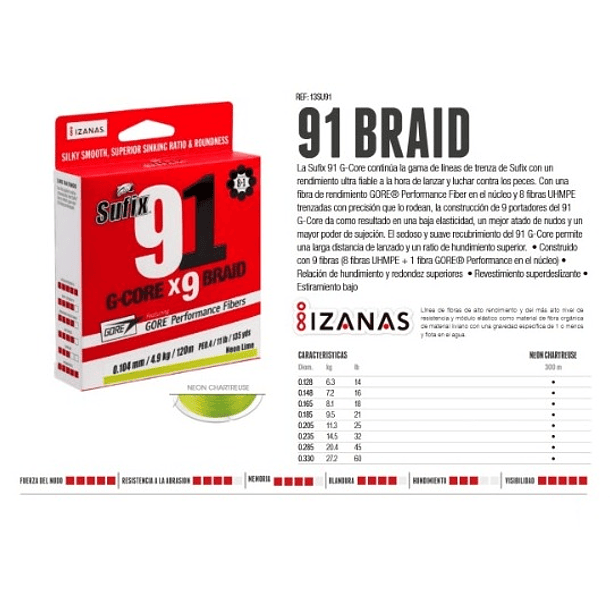 SUFIX 91 G-GORE X9 BRAID / 0.148mm. 7.2kg 300m. #PE0.8 Neon Chartreuse