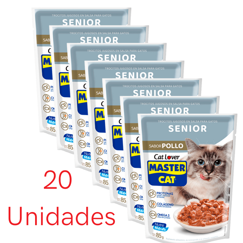 Master Cat Display Trocitos Jugosos Senior Sabor Pollo 85 gr x 20 u