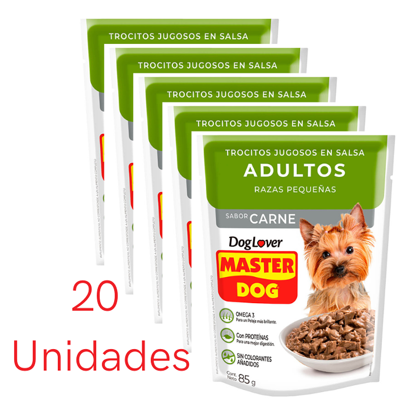Alimento Húmedo Master Dog Display Trocitos Jugosos Raza Pequeña Sabor Carne 85 gr x 20 u