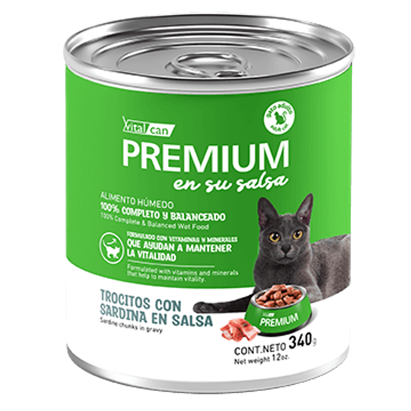 Premium Lata Gato Adulto En Su Salsa Trocitos De Sardina 340 Gr
