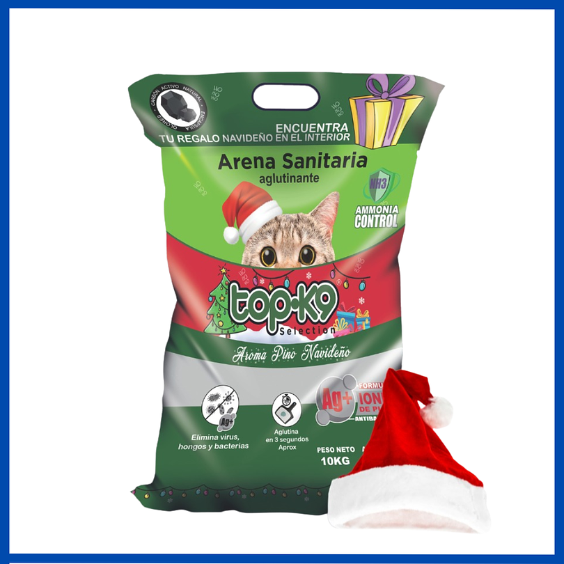 Topk9 Arena Aglutinante Con Iones de Plata 10 Kg + Gorro Navideño 1