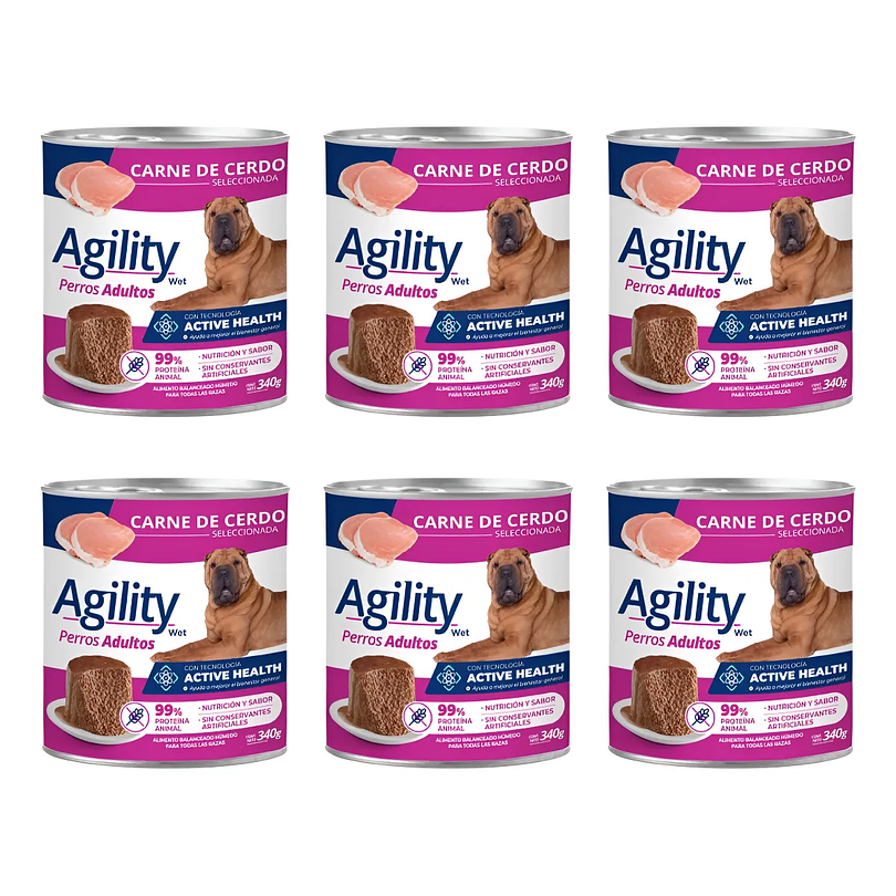 Pack 6 Latas Agility Perro Adulto Cerdo 340 Gr
