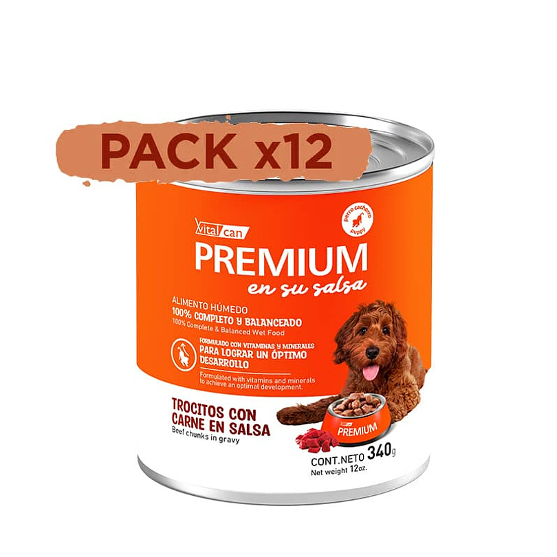 Pack 12 Latas Premium Cachorro En Su Salsa Trocitos De Carne 340 Gr 1