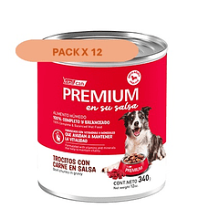 Pack 12 Latas Premium Perro Adulto En Su Salsa Trocitos De Carne 340 Gr