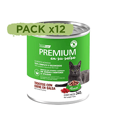Pack 12 Latas Premium Gato Adulto En Su Salsa Trocitos De Carne 340 Gr