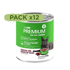 Pack 12 Latas Premium Gato Adulto En Su Salsa Trocitos De Higado 340 Gr