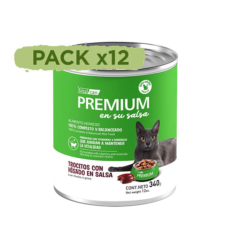 Pack 12 Latas Premium Gato Adulto En Su Salsa Trocitos De Higado 340 Gr 1