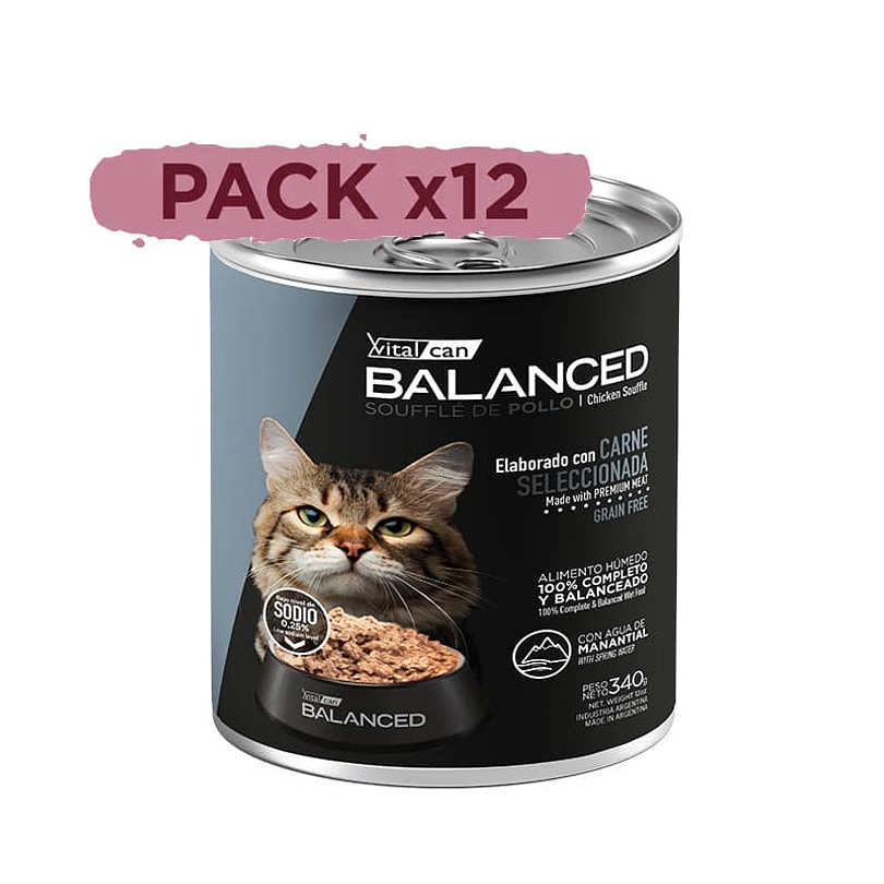  Pack 12 Latas Balanced Souffle Gato Senior Pollo 340 Gr