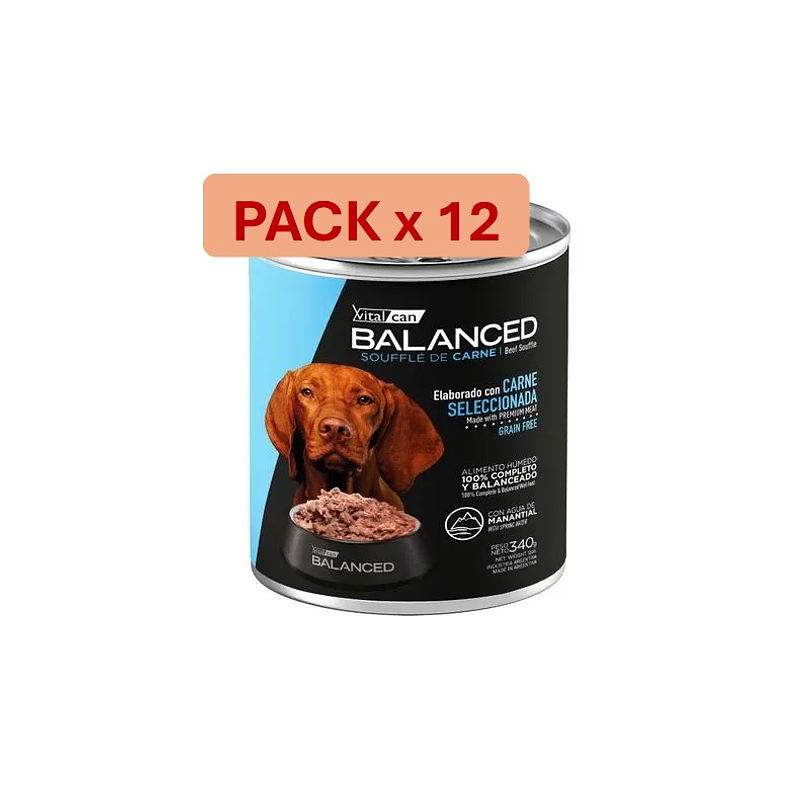 Pack 12 Latas Balanced Souffle Perro Adulto Carne 340 Gr