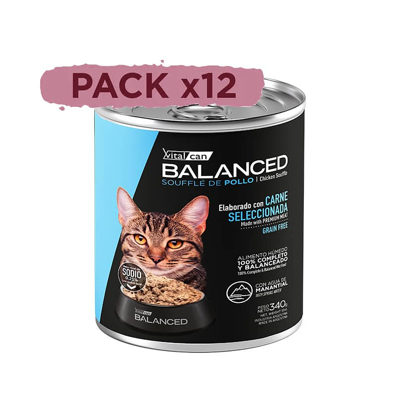 Pack 12 Latas Balanced Souffle Gato Adulto Pollo 340 Gr