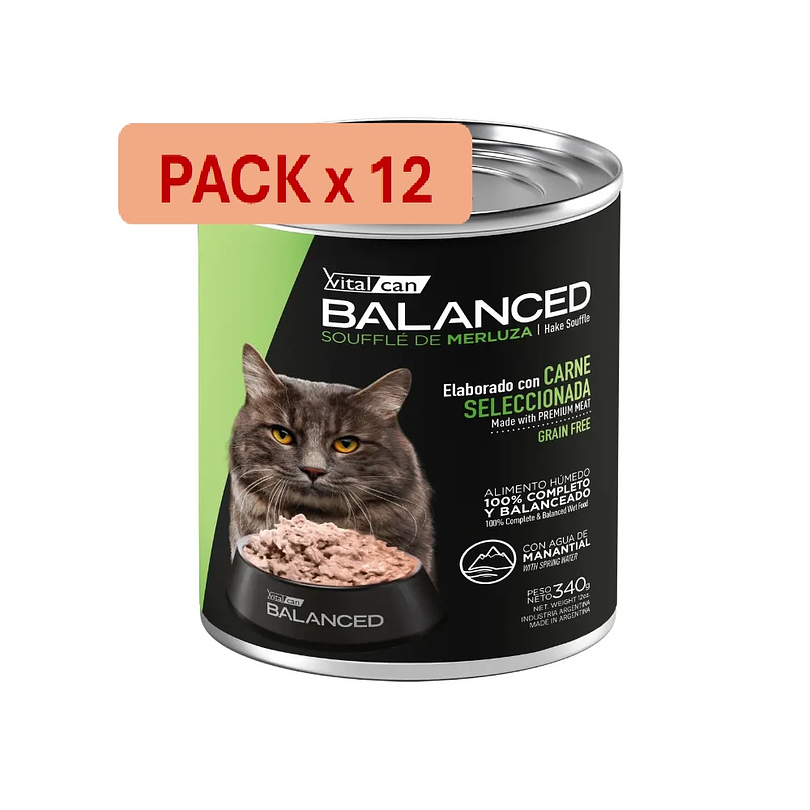 Pack 12 Latas Balanced Souffle Gato Castrado Merluza 340 Gr