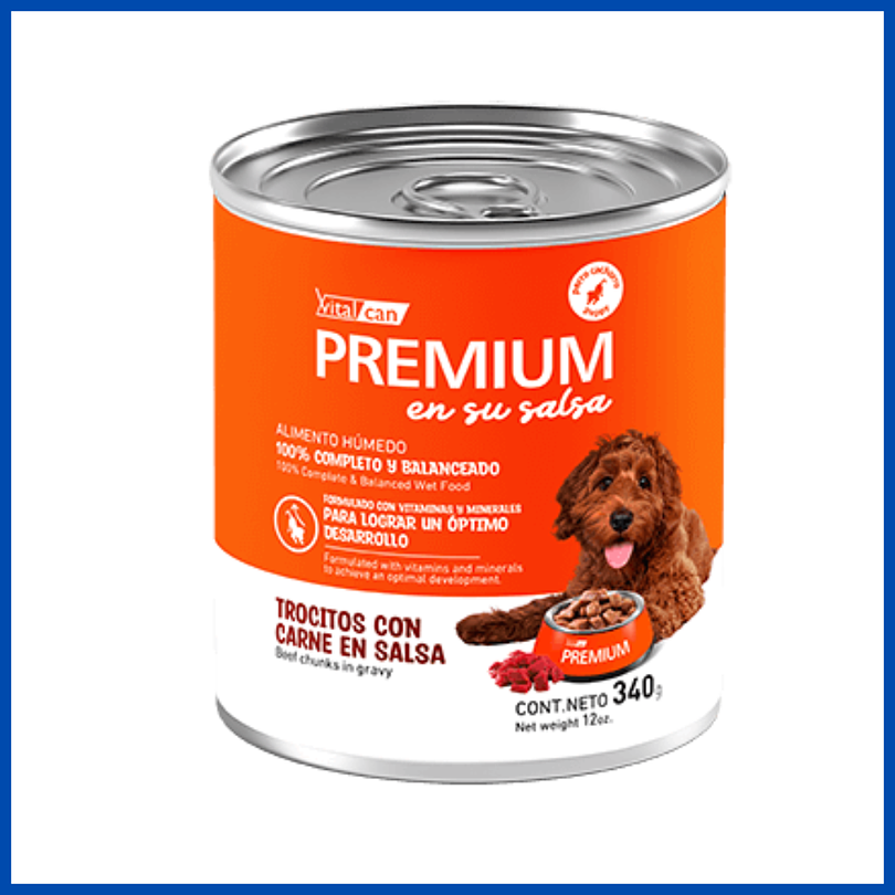 Premium Lata Cachorro En Su Salsa Trocitos De Carne 340 Gr 1