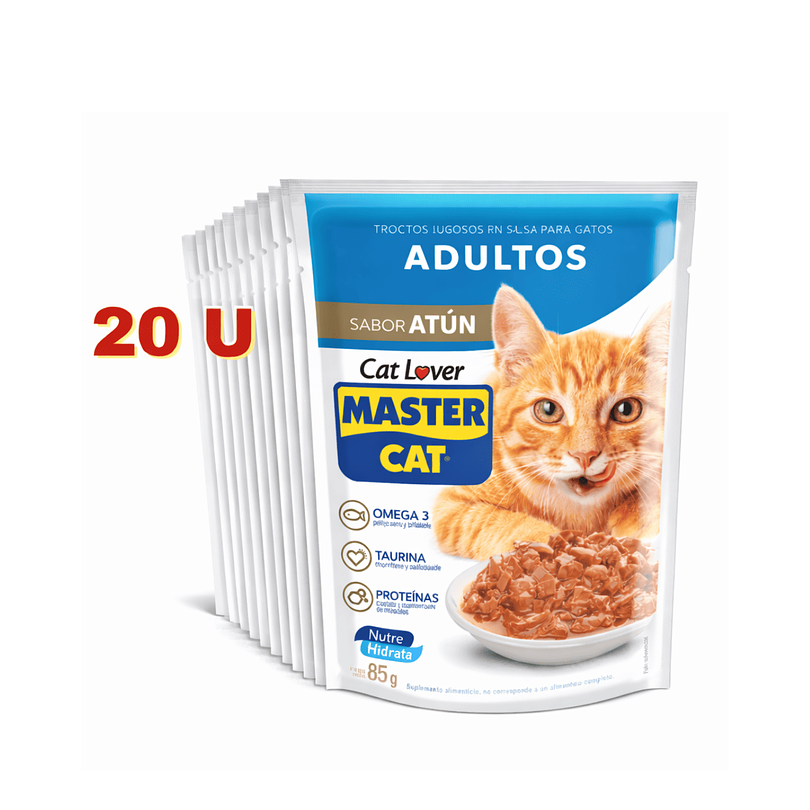Master Cat Display Trocitos Jugosos Adulto Sabor Atún 85 Gr x 20 U