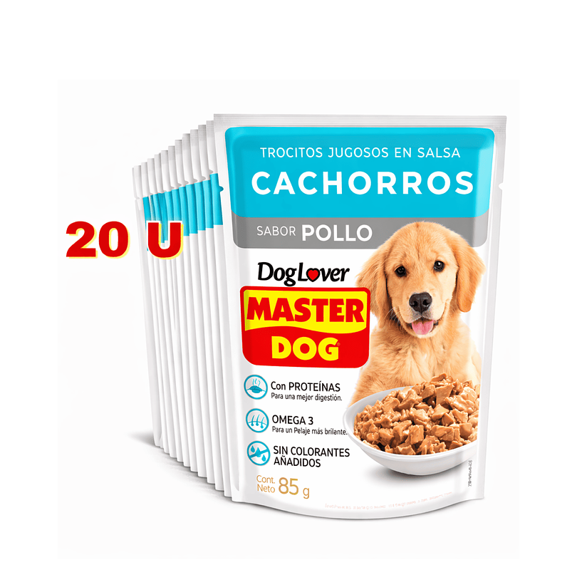 Alimento Húmedo Master Dog Display Trocitos Jugosos Cachorro Sabor Pollo 85 gr x 20 u