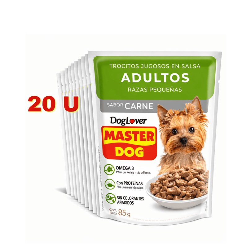 Alimento Húmedo Master Dog Display Trocitos Jugosos Raza Pequeña Sabor Carne 85 gr x 20 u
