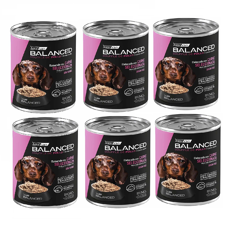 Pack 6 Latas Balanced Souffle Perro Cachorro Pollo 340 Gr