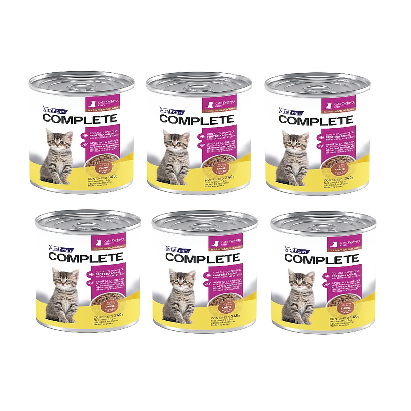 Pack 6 Latas Complete Trocitos En Salsa Carne Kitten 340 Gr