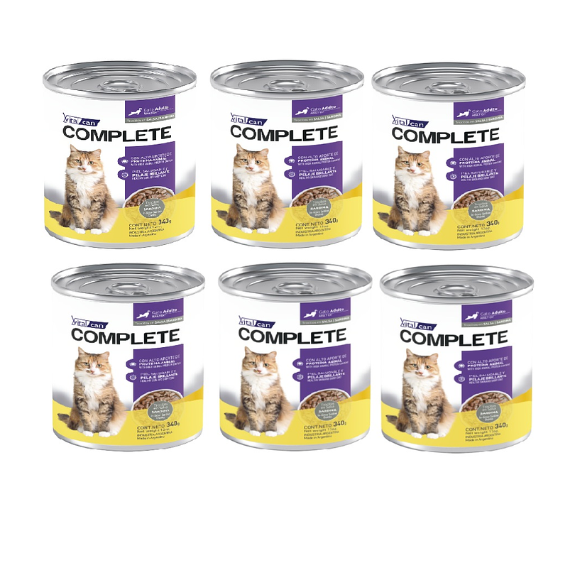 Pack 6 Latas Complete Trocitos En Salsa Sardina Gato Adulto 340 Gr
