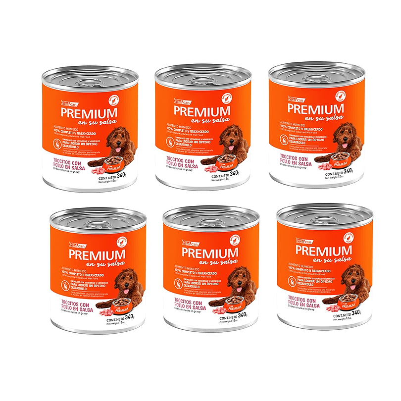 Pack 6 Latas Premium Cachorro En Su Salsa Trocitos De Pollo 340 Gr