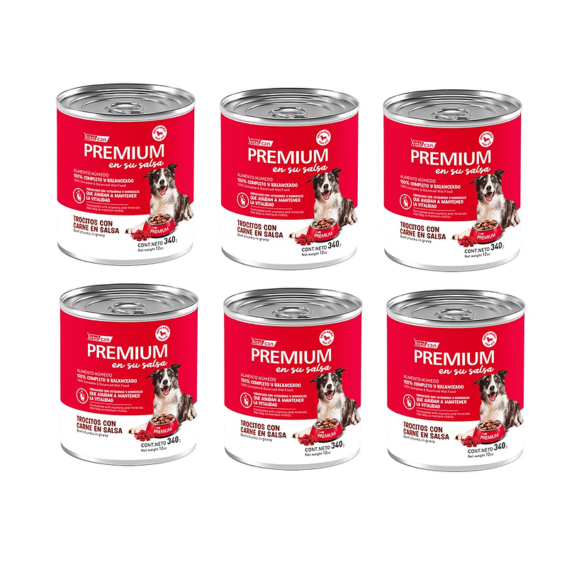 Pack 6 Latas Premium Perro Adulto En Su Salsa Trocitos De Carne 340 Gr