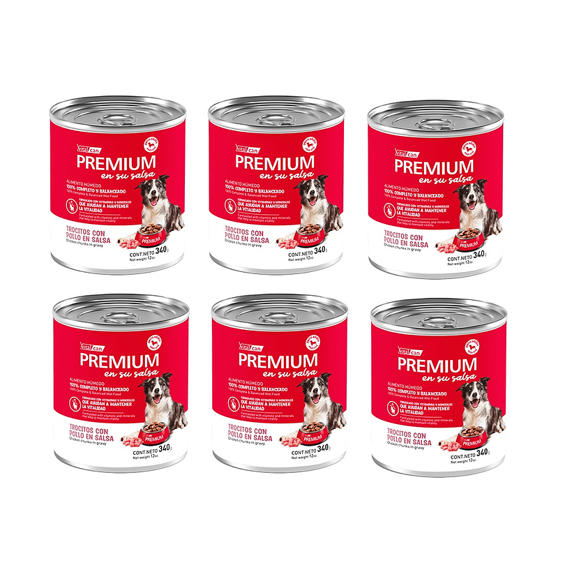 Pack 6 Latas Premium Perro Adulto En Su Salsa Trocitos De Pollo 340 Gr