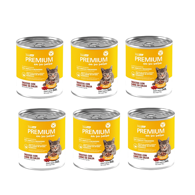 Pack 6 Latas Premium Kitten En Su Salsa Trocitos De Carne 340 Gr