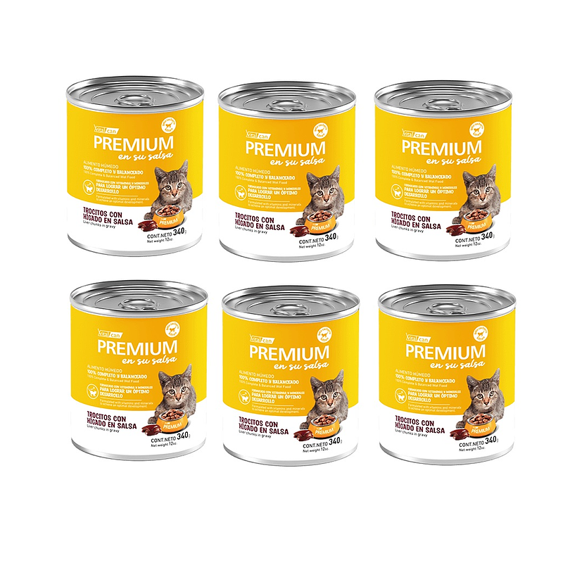 Pack 6 Latas Premium Kitten En Su Salsa Trocitos De Higado 340 Gr
