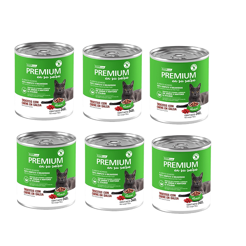 Pack 6 Latas Premium Gato Adulto En Su Salsa Trocitos De Carne 340 Gr