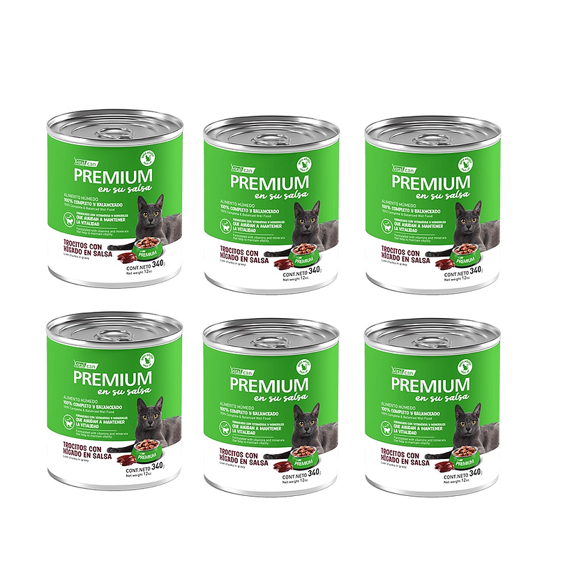 Pack 6 Latas Premium Gato Adulto En Su Salsa Trocitos De Higado 340 Gr