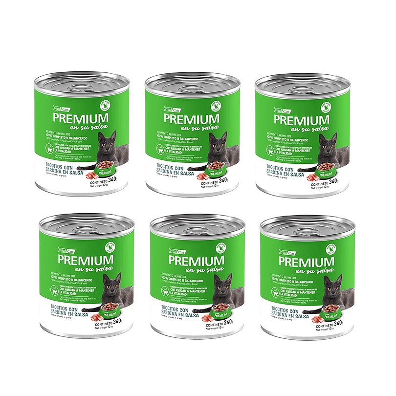 Pack 6 Latas Premium Gato Adulto En Su Salsa Trocitos De Sardina 340 Gr