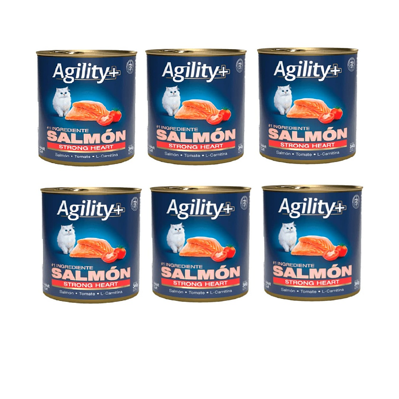 Pack 6 Latas Agility+ Gato Adulto Strong Heart Salmon 340 Gr
