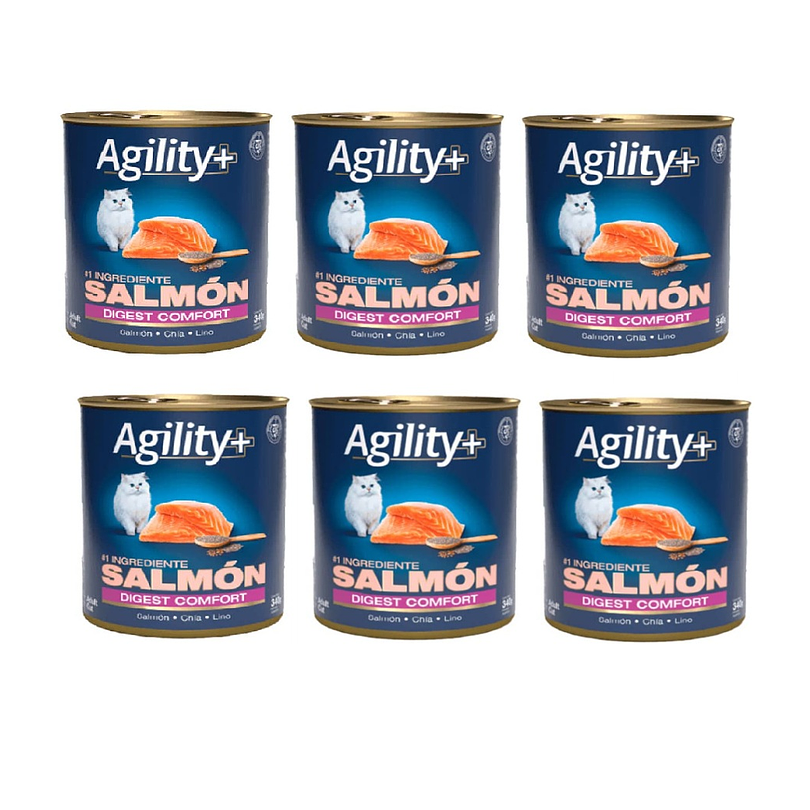 Pack 6 Latas Agility+ Gato Adulto Digest Comfort Salmon 340 Gr