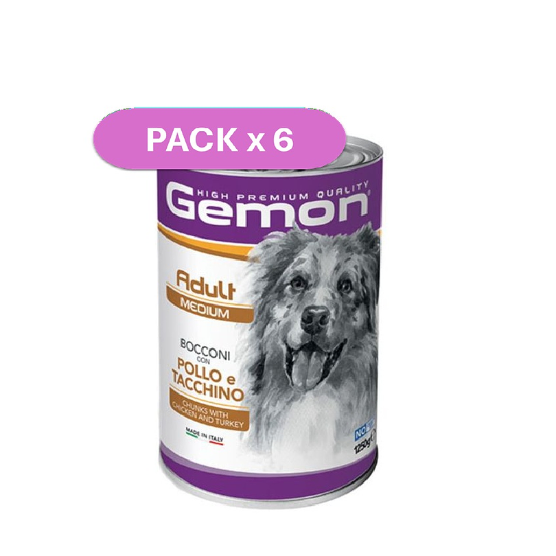 Pack 6 Latas Gemon Trozos Medianos Perro Adulto Pollo y Pavo 1.250 Gr.