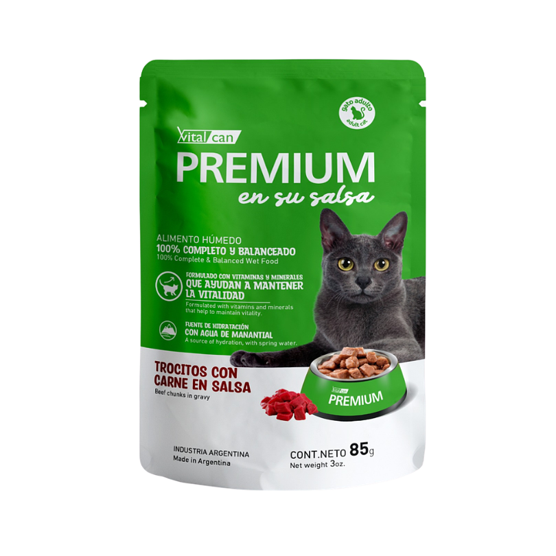 Pack 12 Pouch Premium Gato Adulto En Su Salsa Trocitos De Carne 85 Gr 2