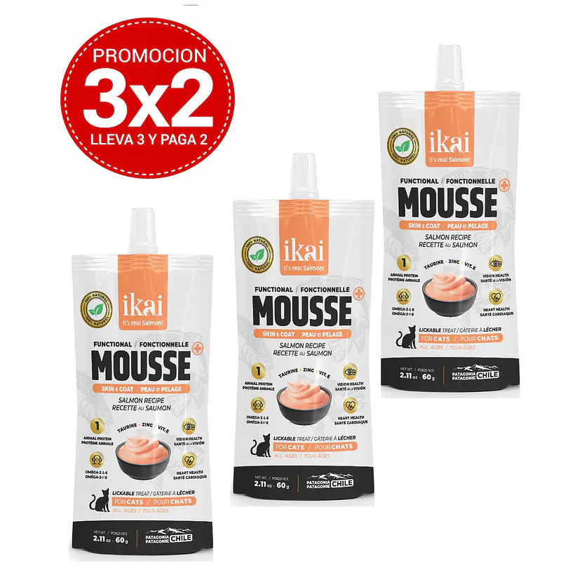 Pack 3x2 Ikai Mousse De Salmón Piel y Pelaje Para Gato 60 Gr 1