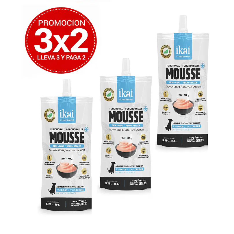 Pack 3x2 Ikai Mousse de Salmón Piel y Pelaje Para Perros 150 Gr 1