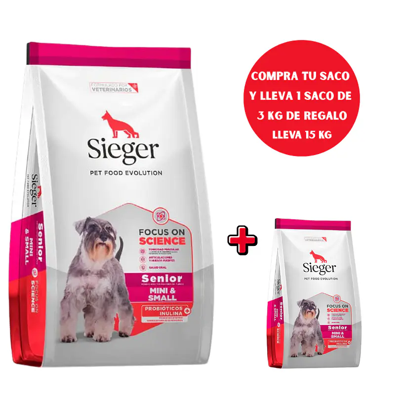 Sieger Senior +7 Mini 12 Kg + Saco 3 Kg Gratis 1