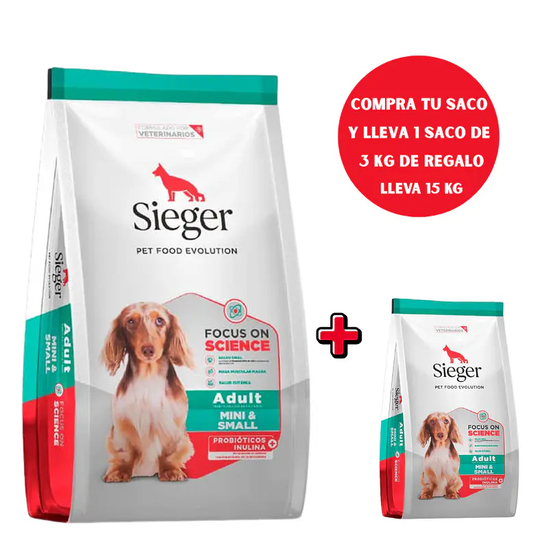 Sieger Adulto Mini & Small Breeds 12 Kg + Saco 3 Kg Gratis 1