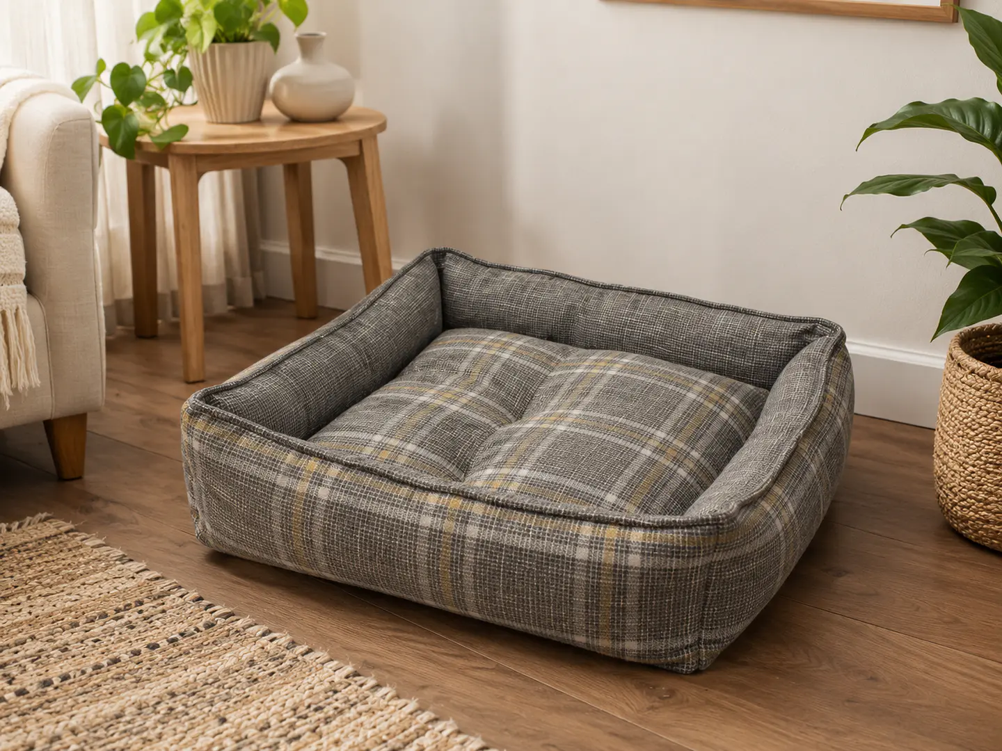 Cama Escocesa Gris con Cojín para Perro 3