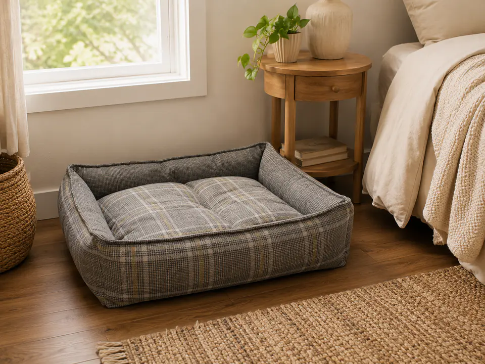 Cama Escocesa Gris con Cojín para Perro 4