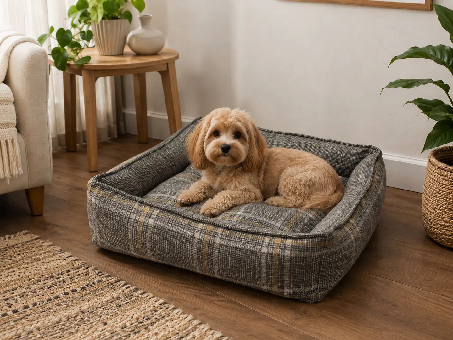 Cama Escocesa Gris con Cojín para Perro 1